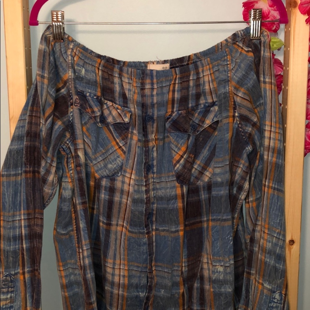 Plaid button up dress; off the shoulder